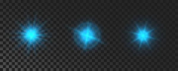 Set Sparkling Stars Blue Glowing Flickering Flashing Lights Dark Transparent — Vector de stock