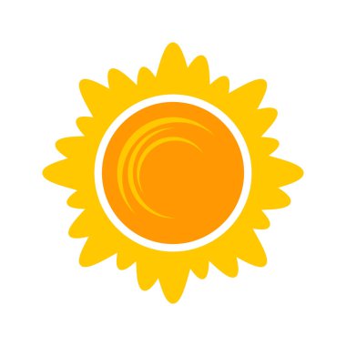 Yellow shining sun icon. Vector summer symbol, isolated nature sky object on white background
