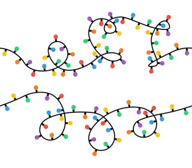 Seamless Christmas lights. Set of two vector strings of colorful holiday lights for xmas cards, banners, posters, ect