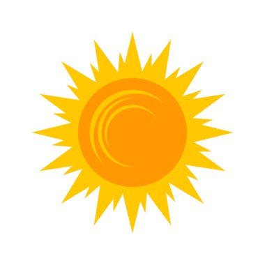 Yellow shining sun icon. Vector summer symbol, isolated nature sky object on white background