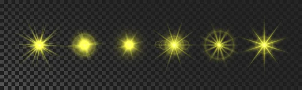 Set Sparkling Stars Yellow Glowing Flickering Flashing Lights Dark Transparent — Vector de stock