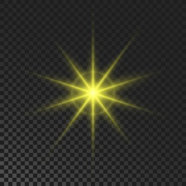 Sparkling star. Yellow glowing flickering and flashing light on dark transparent background. Vector explosion with rays and flare effect