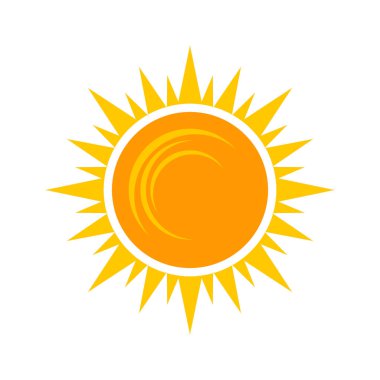Yellow shining sun icon. Vector summer symbol, isolated nature sky object on white background