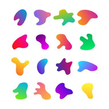 Kademeli sıvı damlaları. Büyük bir grup absrtact düzensiz sıvı şekilleri. Basit yuvarlak pürüzsüz su formlarının vektör siluetleri