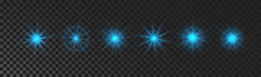 Set of sparkling stars. Blue glowing flickering and flashing lights on dark transparent background. Vector explosions with rays and flare effect