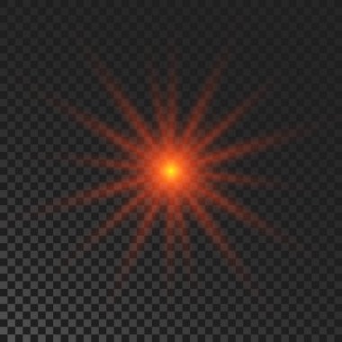 Sparkling star. Red glowing flickering and flashing light on dark transparent background. Vector explosion with rays and flare effect