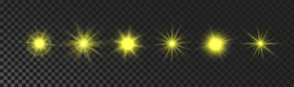 Set Sparkling Stars Yellow Glowing Flickering Flashing Lights Dark Transparent — Vector de stock