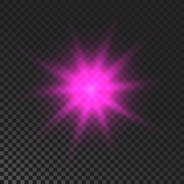 Sparkling star. Purple glowing flickering and flashing light on dark transparent background. Vector explosion with rays and flare effect