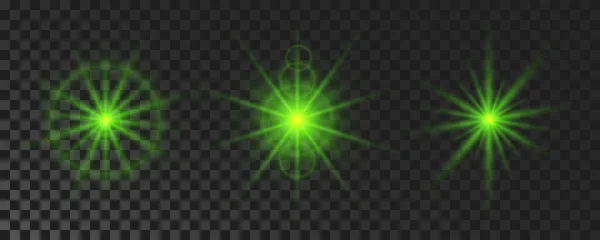 Set Sparkling Stars Green Glowing Flickering Flashing Lights Dark Transparent - Stok Vektor