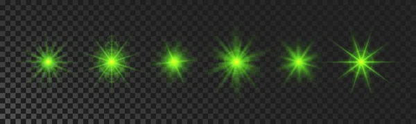 Set Sparkling Stars Green Glowing Flickering Flashing Lights Dark Transparent — Stockvector