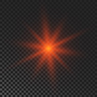 Sparkling star. Red glowing flickering and flashing light on dark transparent background. Vector explosion with rays and flare effect