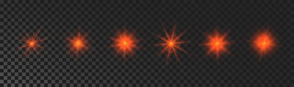 Zestaw Błyszczących Gwiazd Czerwone Świecące Migotanie Migające Światła Ciemnym Przezroczystym — Wektor stockowy