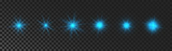 Set Sparkling Stars Blue Glowing Flickering Flashing Lights Dark Transparent Ilustração De Stock