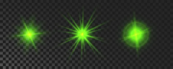 Set Sparkling Stars Green Glowing Flickering Flashing Lights Dark Transparent — Stok Vektör