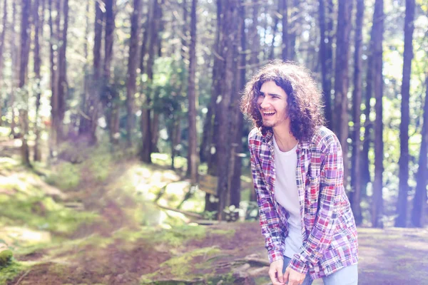 Young Latin American Man Forest Looking Left Laughing Expression Costa — Φωτογραφία Αρχείου