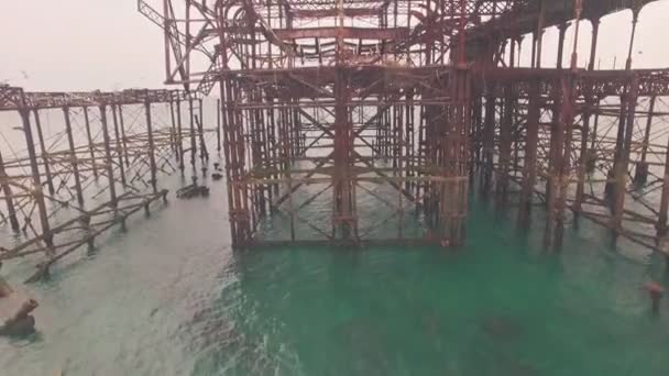 Burnt Old West Pier Brighton Sussex England Aerial Drone View — ストック動画