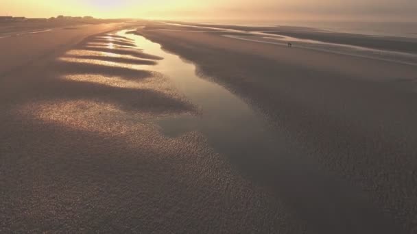 Couple People Camber Sands Beach Sunset East Sussex England Aerial — Video