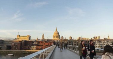London Hyperlapse Timelapse, Hyper Lapse Time Lapse of People Walking over St Pauls Cathedral and Millennium Bridge, the Central London iconic landmark building in England, UK