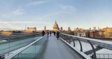 London Hyperlapse Timelapse, Hyper Lapse Time Lapse of People Walking over St Pauls Cathedral and Millennium Bridge, the Central London iconic landmark building in England, UK