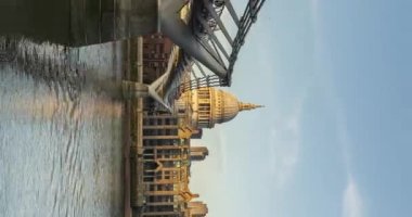 Vertical video of London Hyperlapse Timelapse, Hyper Lapse Time Lapse of River Thames, St Pauls Cathedral and Millennium Bridge, the popular Central London iconic landmark in England, UK