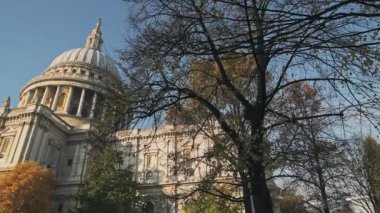 St Pauls Cathedral, a popular London tourist attraction and landmark on a bright blue sky day in Autumn, shot in the Coronavirus Covid-19 pandemic Lockdown when it was quiet in England, Europe
