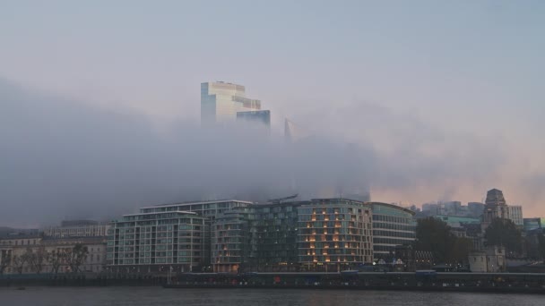 Skyscrapers City London Buildings Mist Business Area Misty Morning Covid — стоковое видео