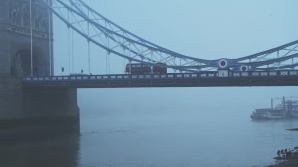 Red London Bus Driving Tower Bridge Misty Cool Blue Atmospheric — 图库视频影像