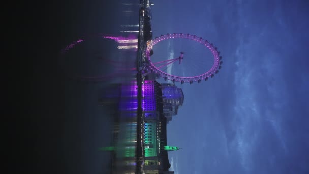 Vertical Video London Eye Thames River Night Iconic London Building — Video Stock