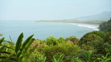 Costa Rica Tropical Rainforest Coastal Scenery and Pacific Ocean Landscape on Coast at Ballena Marine National Park (Parque Nacional Marino Ballena), with Uvita Beach, Trees and Mountains