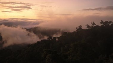 Costa Rica Misty Rainforest Landscape with Mountains and Jungle Scenery in Low Lying Mist and Clouds Rolling Through Valley in Orange Sunset Dramatic Beautiful Light, Los Quetzales National Park