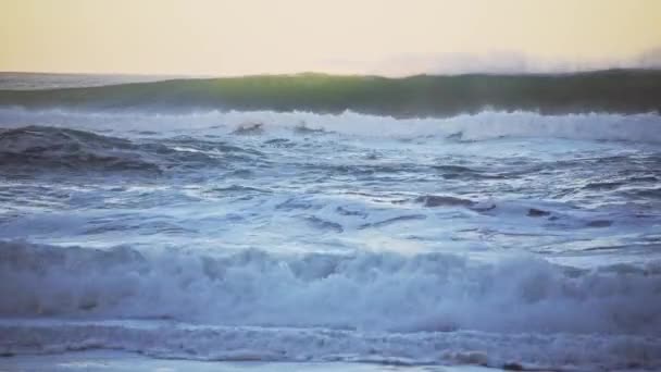 Big Waves Breaking Ocean Seascape Background Copy Space Orange Sunset — Video