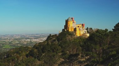 Aerial Drone View of Pena Palace, Sintra, Lisbon, Portugal, a Beautiful Colourful European Building with Amazing Architecture, Popular Tourist Attraction UNESCO World Heritage Site, Europe
