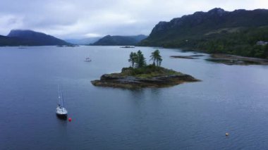 Aerial Drone View of Beautiful Scottish Highlands Mountains Landscape, Scotland, of Loch Carron, a Lake at Plockton Town on NC500 (North Coast 500) Route in UK