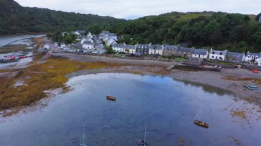 Aerial Drone View of Small Town on NC500 (North Coast 500), Beautiful Scottish Highlands Landscape in Scotland, of Loch Carron, a Lake at Plockton