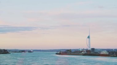Portsmouth Spinnaker Tower City Skyline, Beautiful Modern Architecture Building on the Coast of England in Hampshire at Sunset, UK