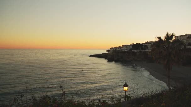 Aerial Drone View Mediterranean Coast Orange Sunset Spain Nerja Costa — Vídeos de Stock