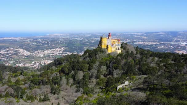 Aerial Drone View Pena Palace Sintra Lisbon Portugal Beautiful Colourful — Stock Video