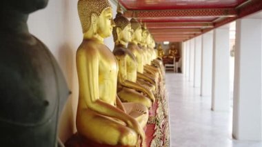 Gold Buddha Statues in Bangkok, Famous Thailand Buildings with a Line of Lots of Buddhist Statues in a Row at Beautiful Wat Pho (Temple of the Reclining Buddha), a Famous Tourist Destination