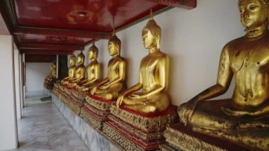 Gold Buddha Statue in Bangkok, Thailand, Lots of Buddhist Statues in a Row at Beautiful Temple for Buddhism, Line of Gold Leaf Buddhas at Wat Pho (Temple of the Reclining Buddha, Southeast Asia