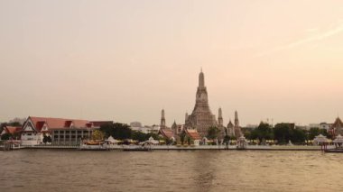 Bangkok Skyline City Scene, Thailand, Wat Arun Buddhist Temple and River Orange Sunset Cityscape, Beautiful Famous Building and Popular Iconic Tourist Attraction, Chao Phraya River