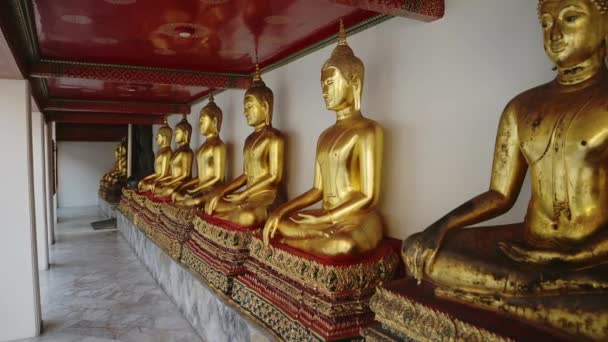 Gold Buddha Statue Bangkok Thailand Lots Buddhist Statues Row Beautiful — Stockvideo