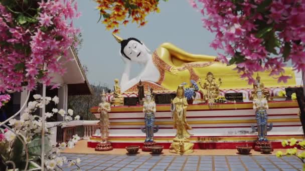 Thailand Chiang Mai Reclining Buddha Buddhist Temple Colourful Flower Offerings — Stok video