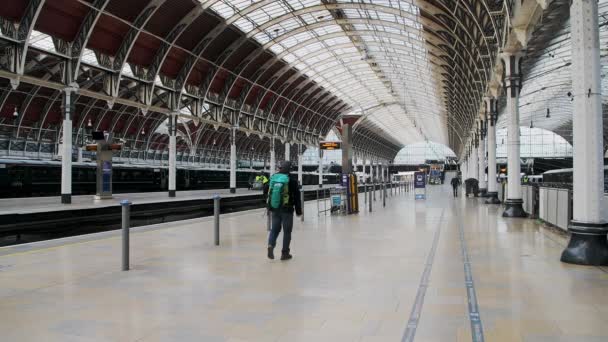 One Person Walking Paddington Train Station Empty Coronavirus Covid Lockdown — Stockvideo