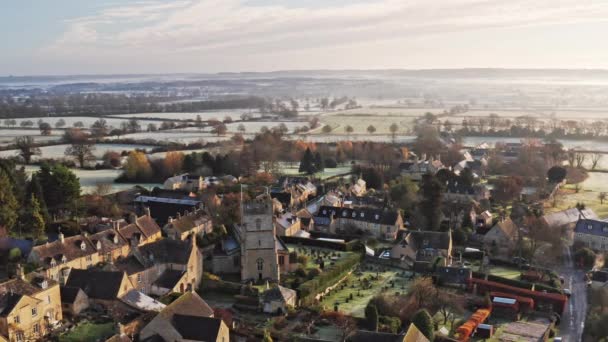 Aerial Drone Video Cotswolds Village English Countryside Fields Scenery Houses — Video