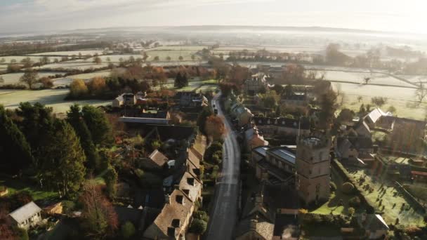 Aerial Drone Video Cotswolds Village English Countryside Fields Scenery Houses — Video