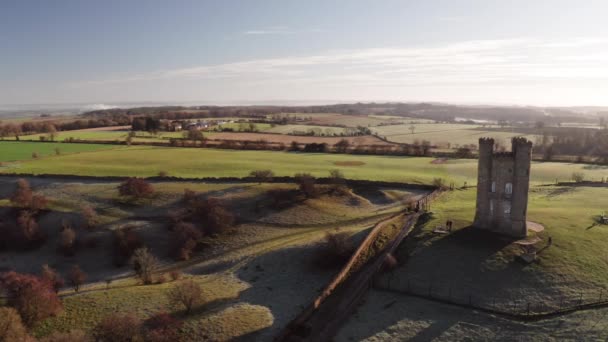 Aerial Drone Video Broadway Tower Famous Old Building Landmark Cotswolds — Vídeo de Stock