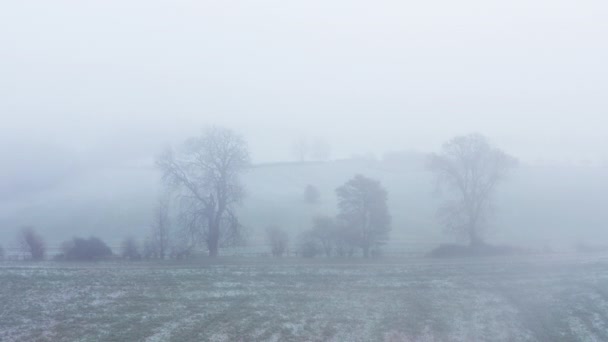 Aerial Drone Video Countryside Fields Misty Foggy Weather Conditions Rural — Vídeos de Stock