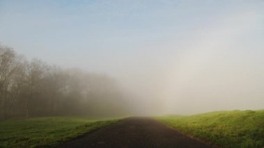 Countryside road in thick fog and mist, dangerous bad driving conditions in foggy misty weather on English roads in winter, back lanes street in England, UK