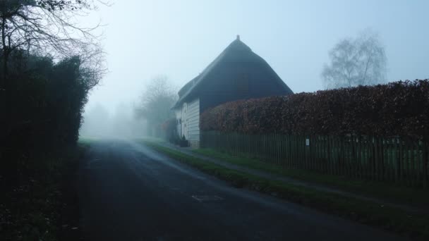 Rural Narrow Countryside Road Thick Fog Mist Small Village Dangerous — Wideo stockowe