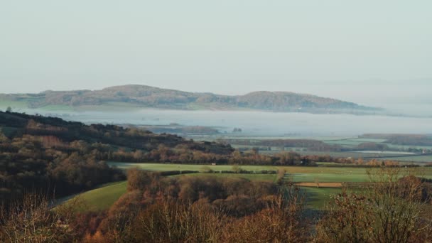 Layers Mist Valley Countryside Hills Green Fields Farmland Beautiful View — Video